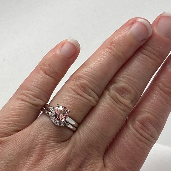 14K White Gold Morganite Solitaire Engagement Ring with Diamond Wedding Band - Picture 3 of 15